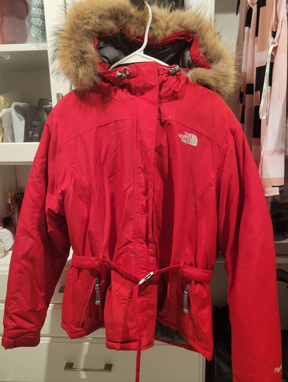The North Face Women's Red Insulated Parka with Faux-Fur Trim